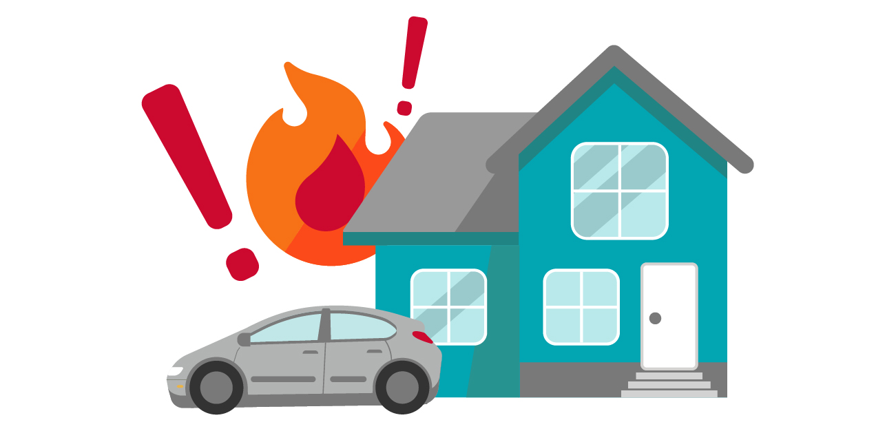 Blue house with roof fire